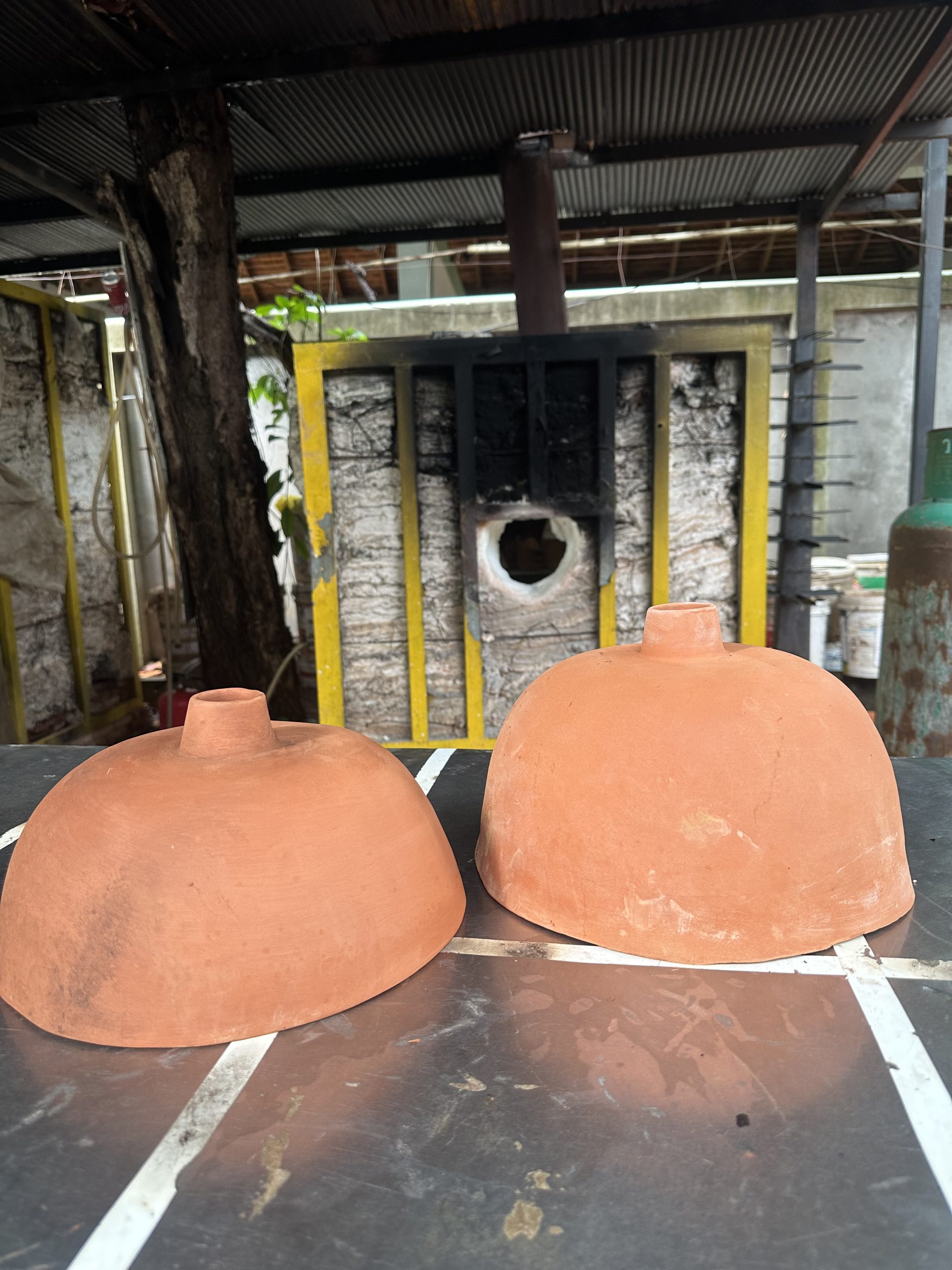 Firing the lampshades in the gas kiln